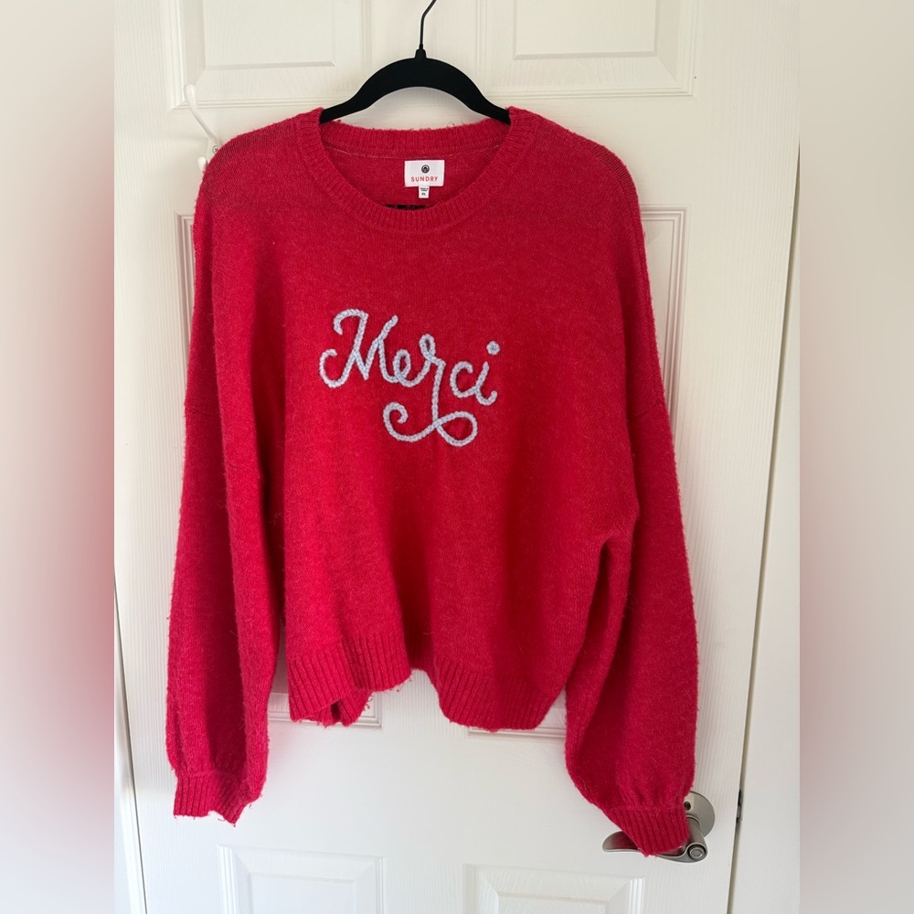 Sundry Merci Sweater XL Red Graphic Crewneck Oversized Anthropologie - Picture 4 of 9